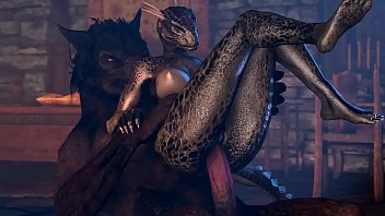 Argonian and Werewolf having a rough sex session indoors