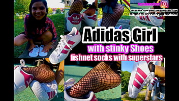 Sweaty adidas Super stars Girl lick her shoes and their sweaty feet, shoe play, dangling fishnetsocks shows you her