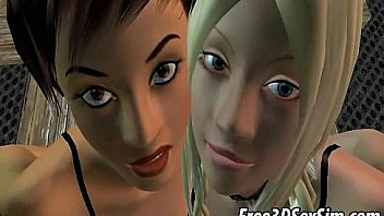 Two sexy 3D cartoon babes sucking on a hard cock