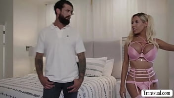 Busty TS blonde is wearing a seductive lingerie and she then start dancing in front of her stepbrother.After that,she lets him fuck her wet ass.