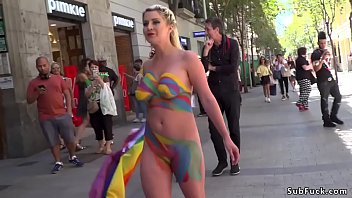 Body painted huge tits blonde slave Sienna Day d. in public street then in bar fisted and caned