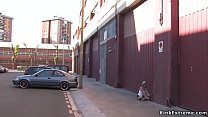 Blonde slut Leyla Black is mouth fucked outdoors while strangers groping her then master bangs her in various public places all over European town